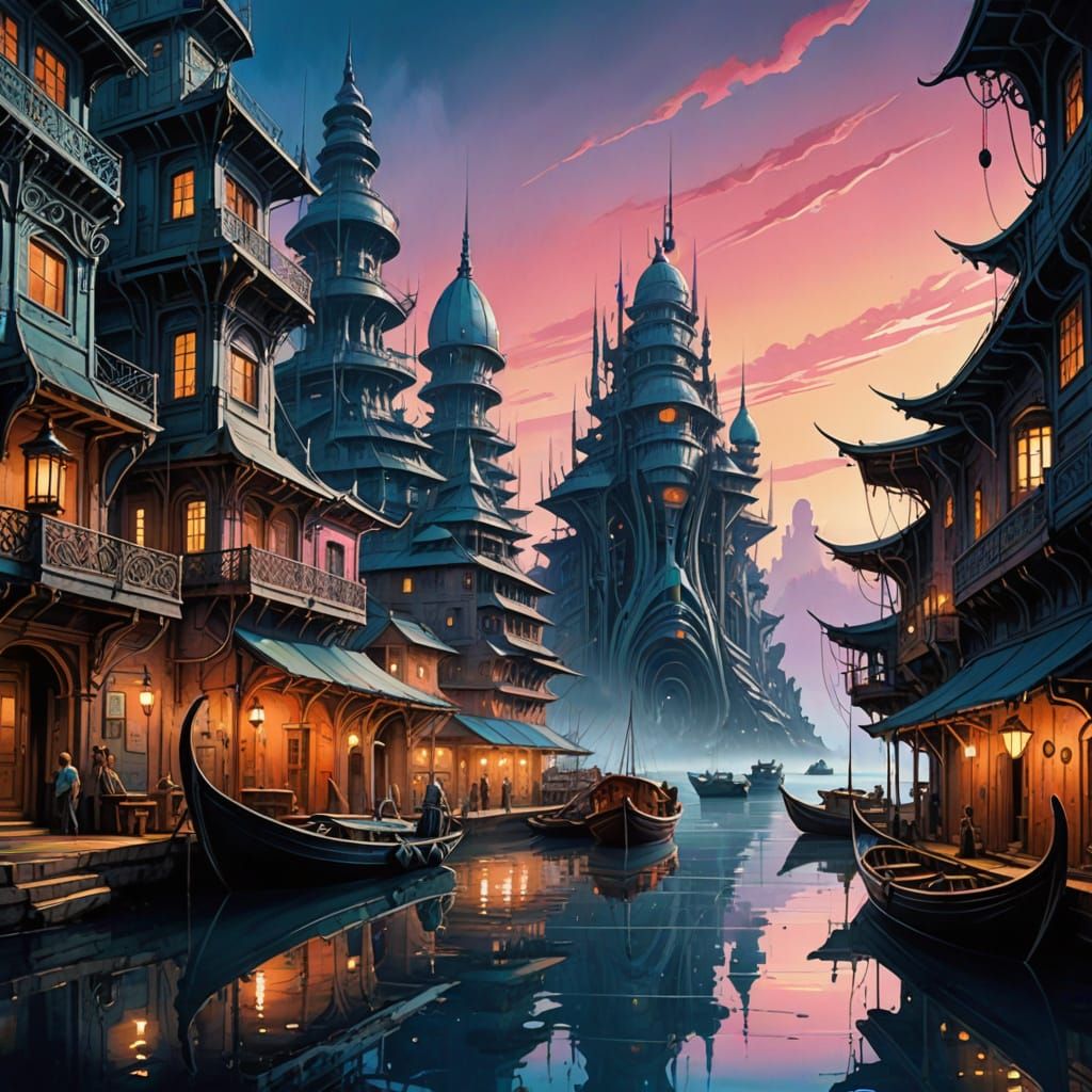 Vibrant Tropical Harbour Scene in Watercolour Style