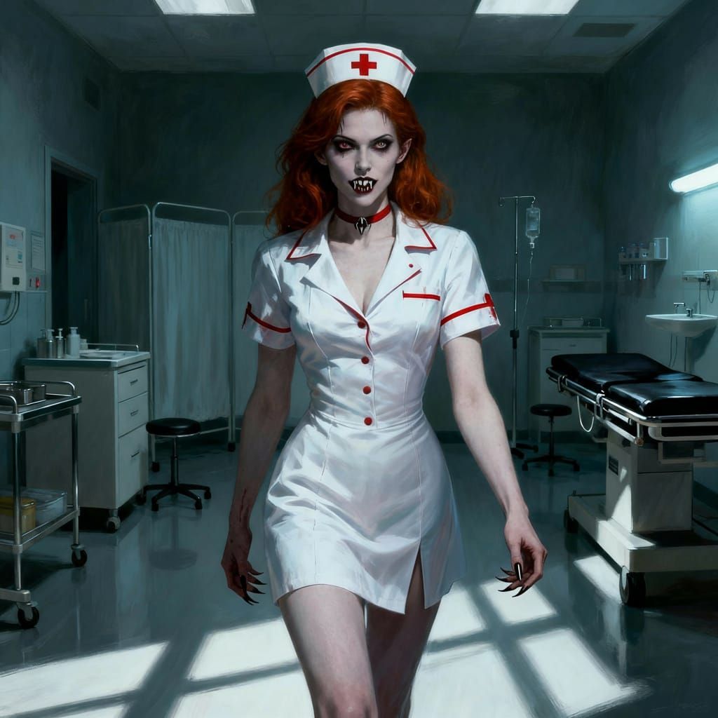 Vampire Nurse in White Uniform Smiles in Hospital Room