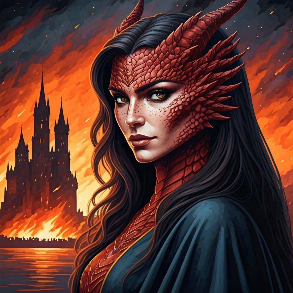 Dragon Witch Portrait in Firelit Castle Gouache