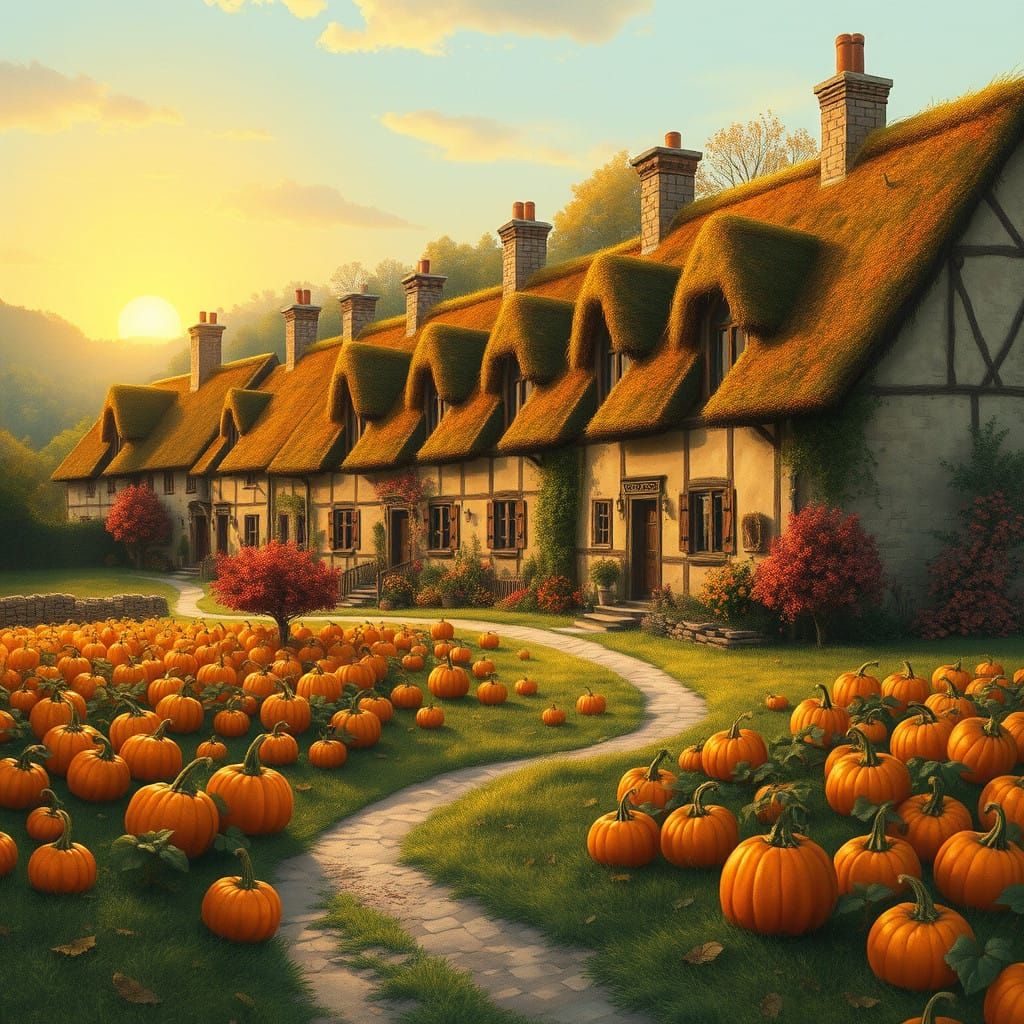 Peaceful Autumn Village in Classic Children's Book Style