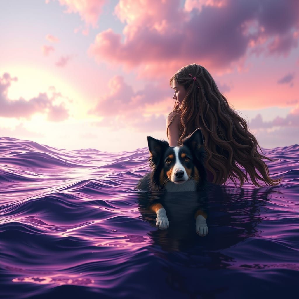 Girl and Dog on Purple Ocean, Ethereal Forest Sky