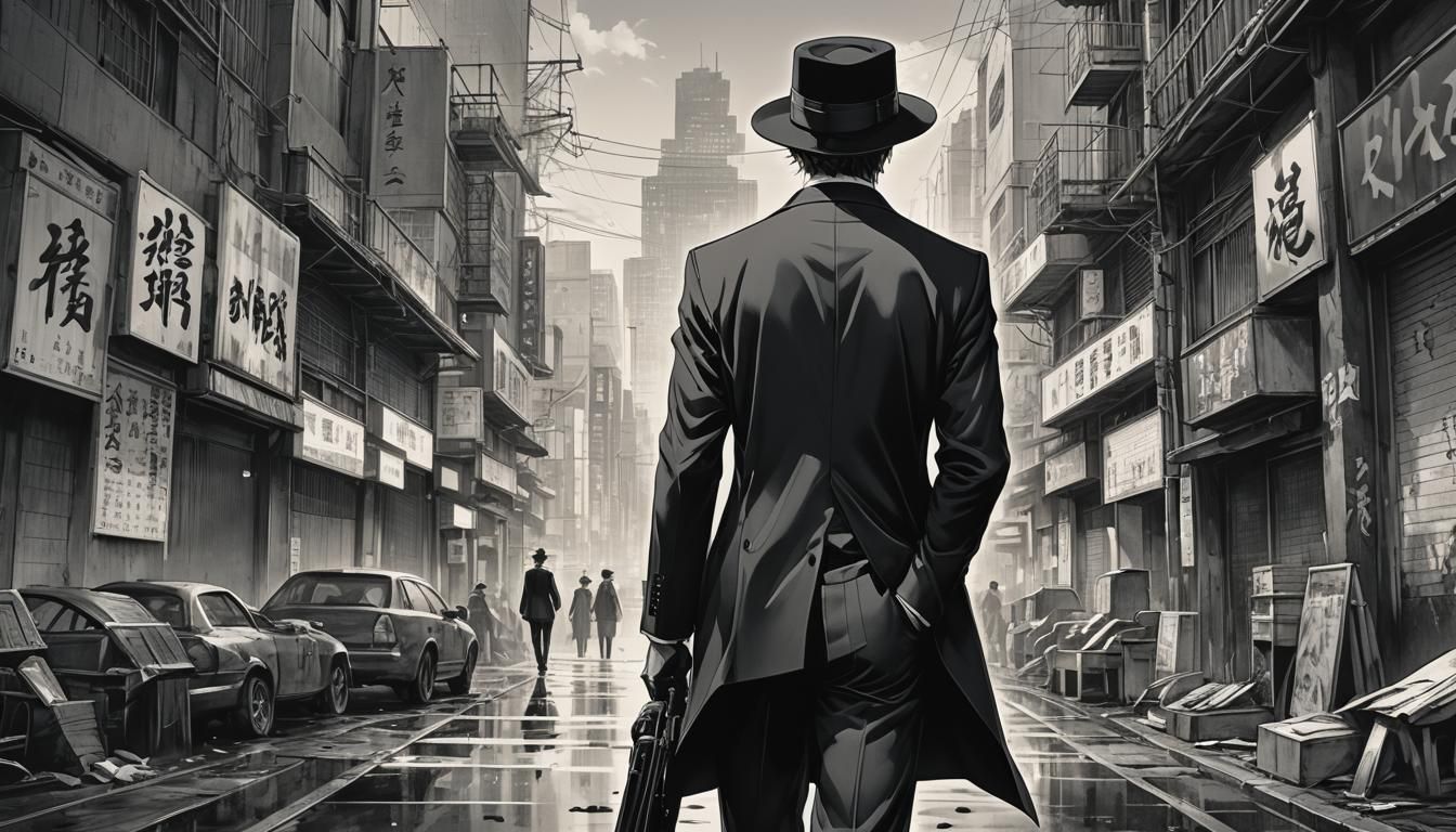 Anime Style Man in Black Suit, Back View