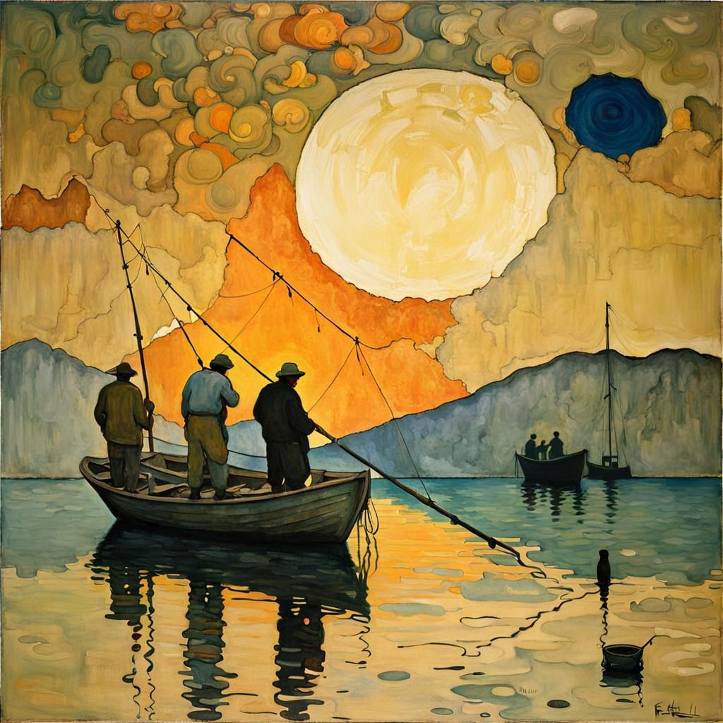 Fishermen at Sunrise: Muted Colors and Art Nouveau