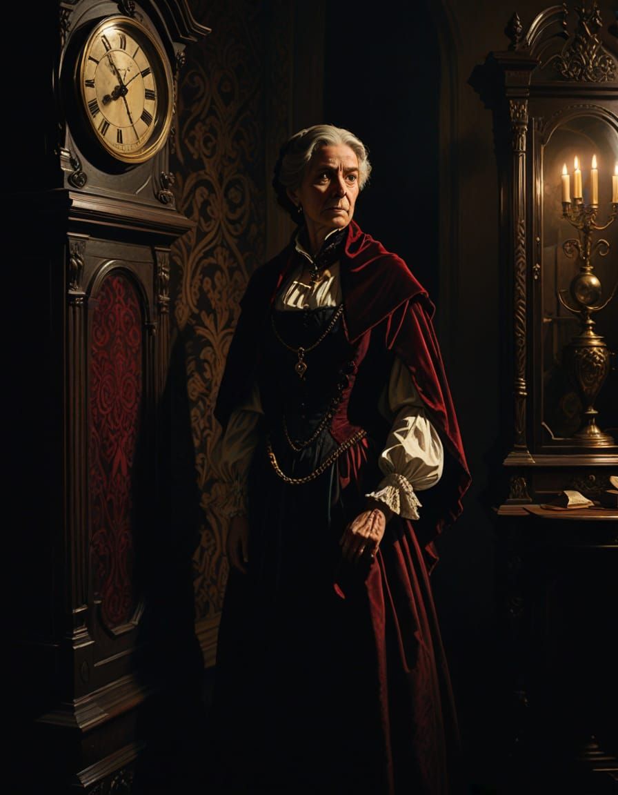 Noblewoman in Dimly Lit Room, Caravaggio Style