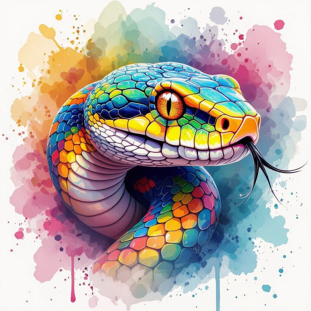 Vibrant Snake in Airbrush Watercolor Style