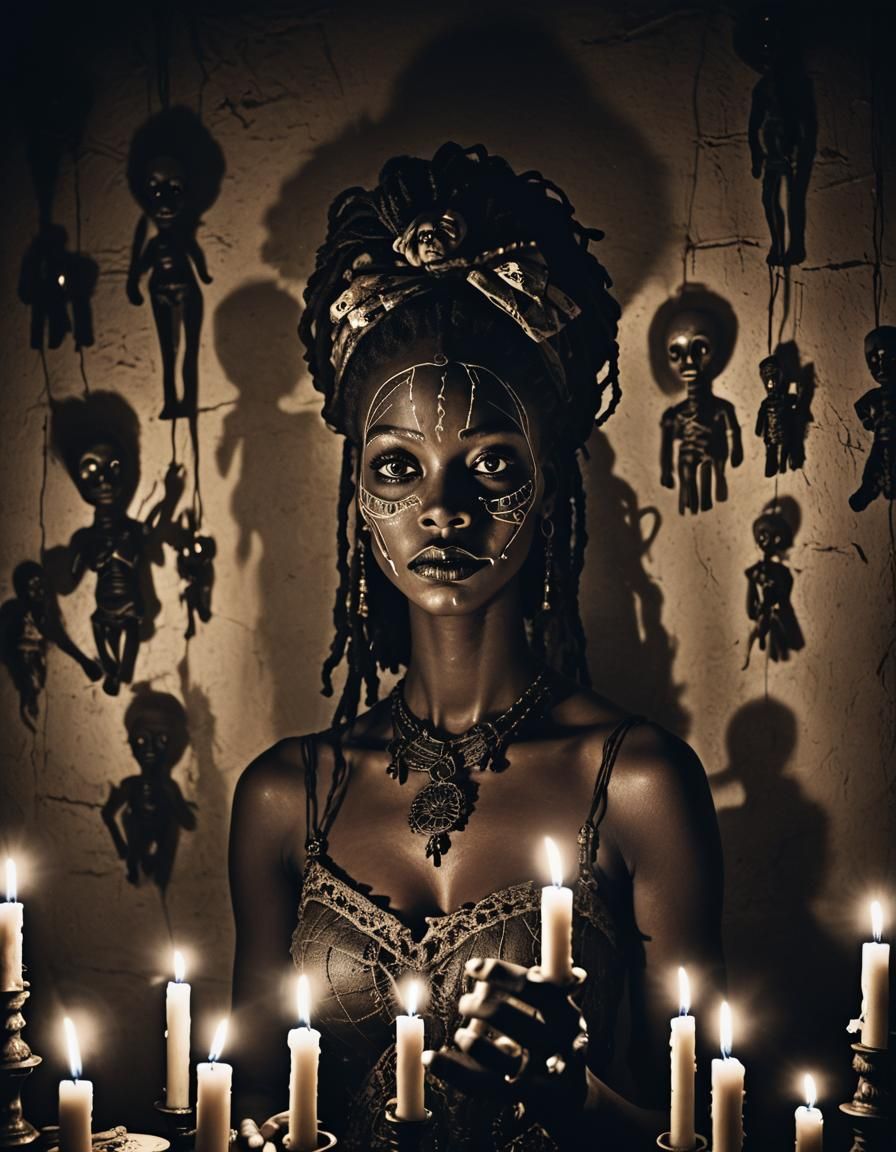 Voodoo Doll Woman in Surreal Candlelight, Digital Art