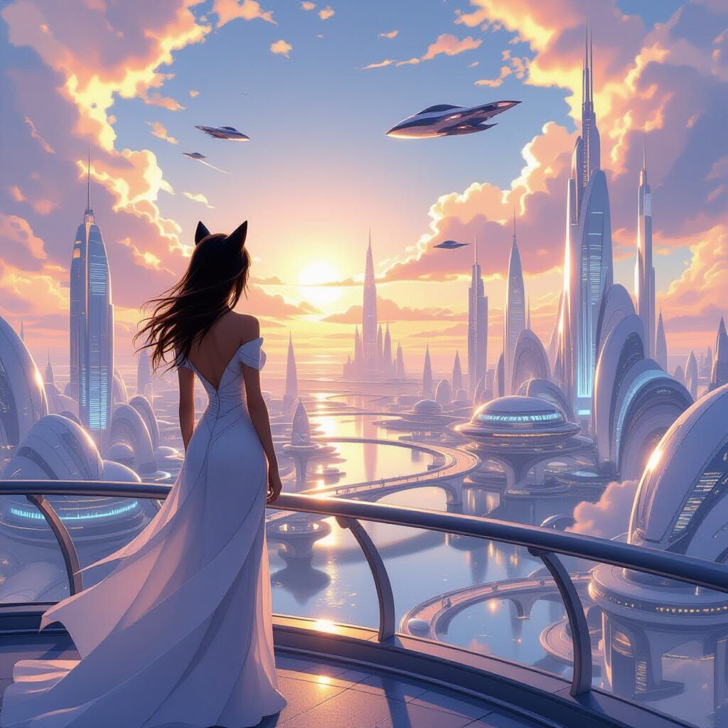 Elegant Woman Overlooks Futuristic City in Anime Style