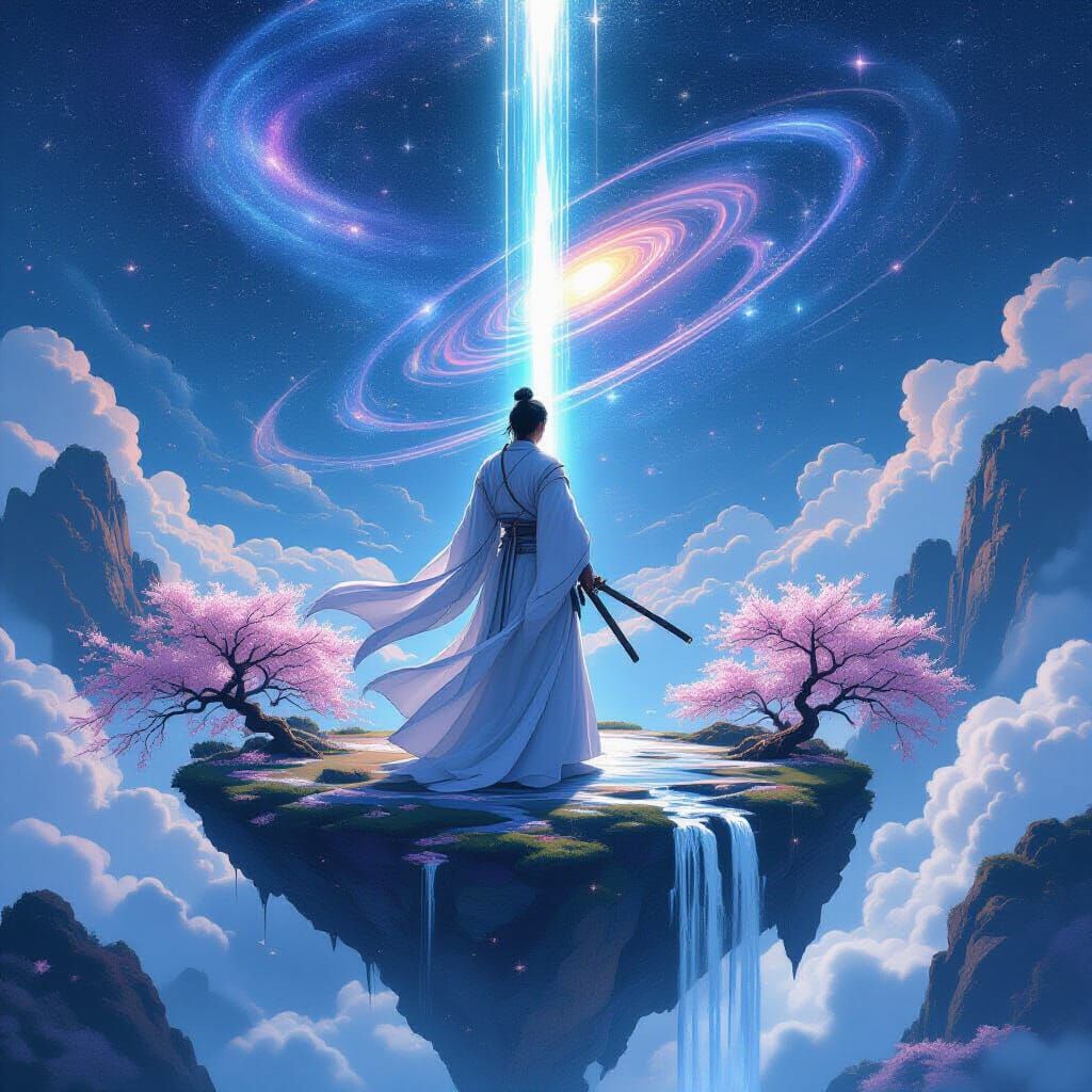 Celestial Samurai on Floating Island with Galaxy