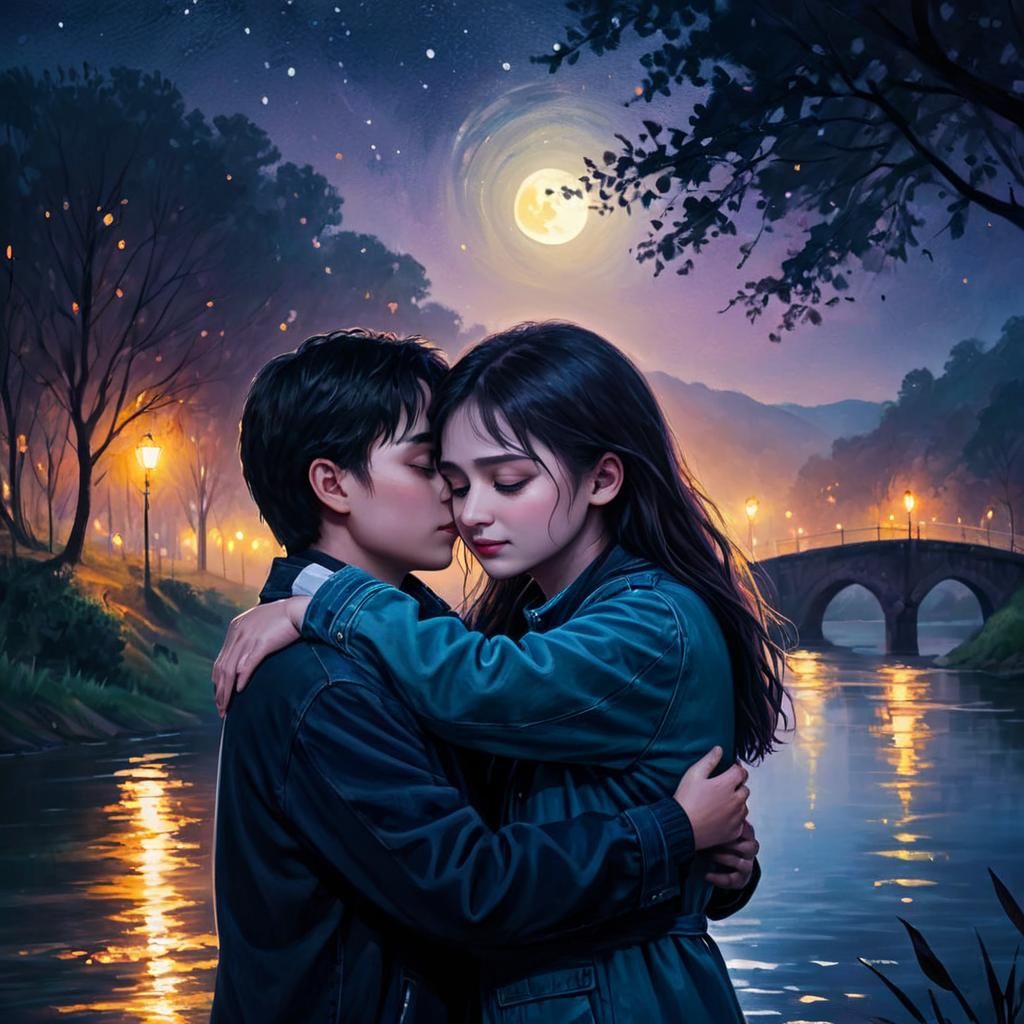 Romantic Oil Painting: Embrace by Moonlit River
