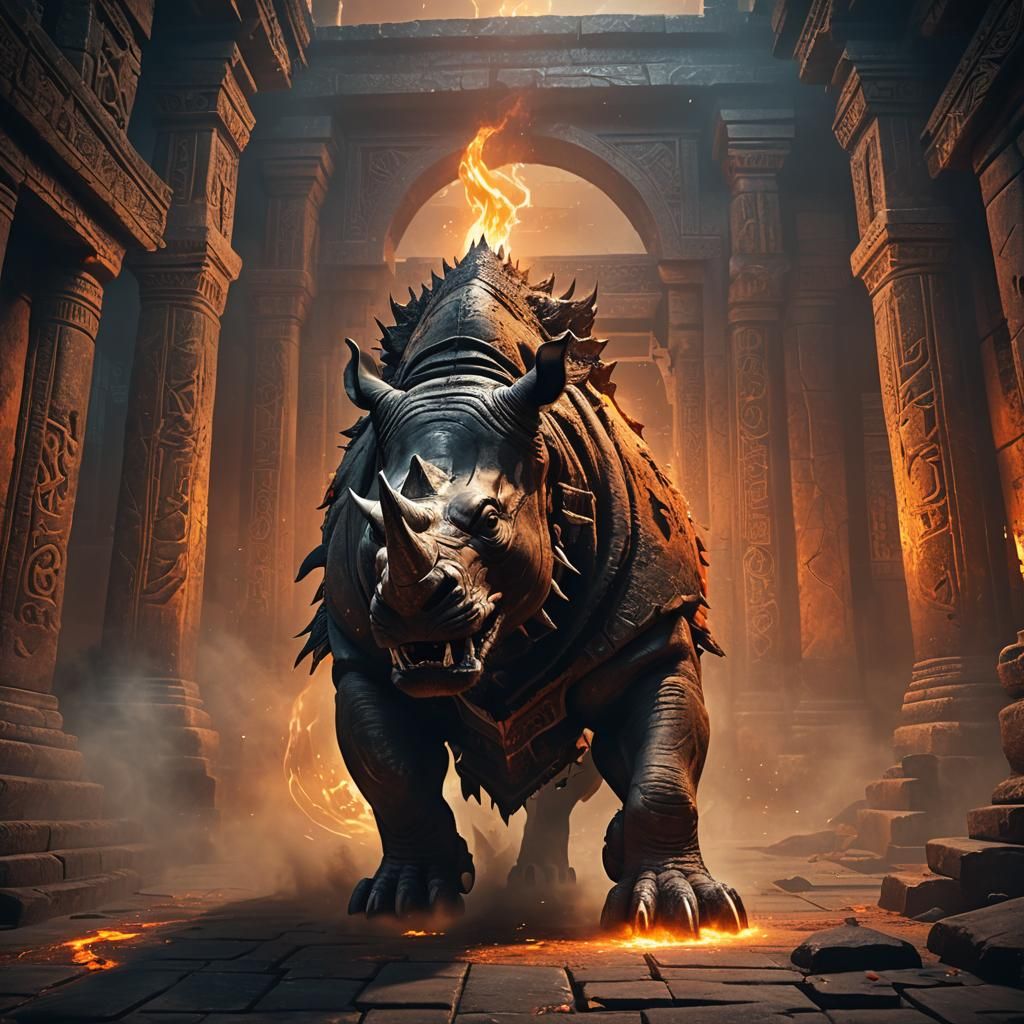 Rhino Hellhound Escaping Mystical Temple in Dark Fantasy