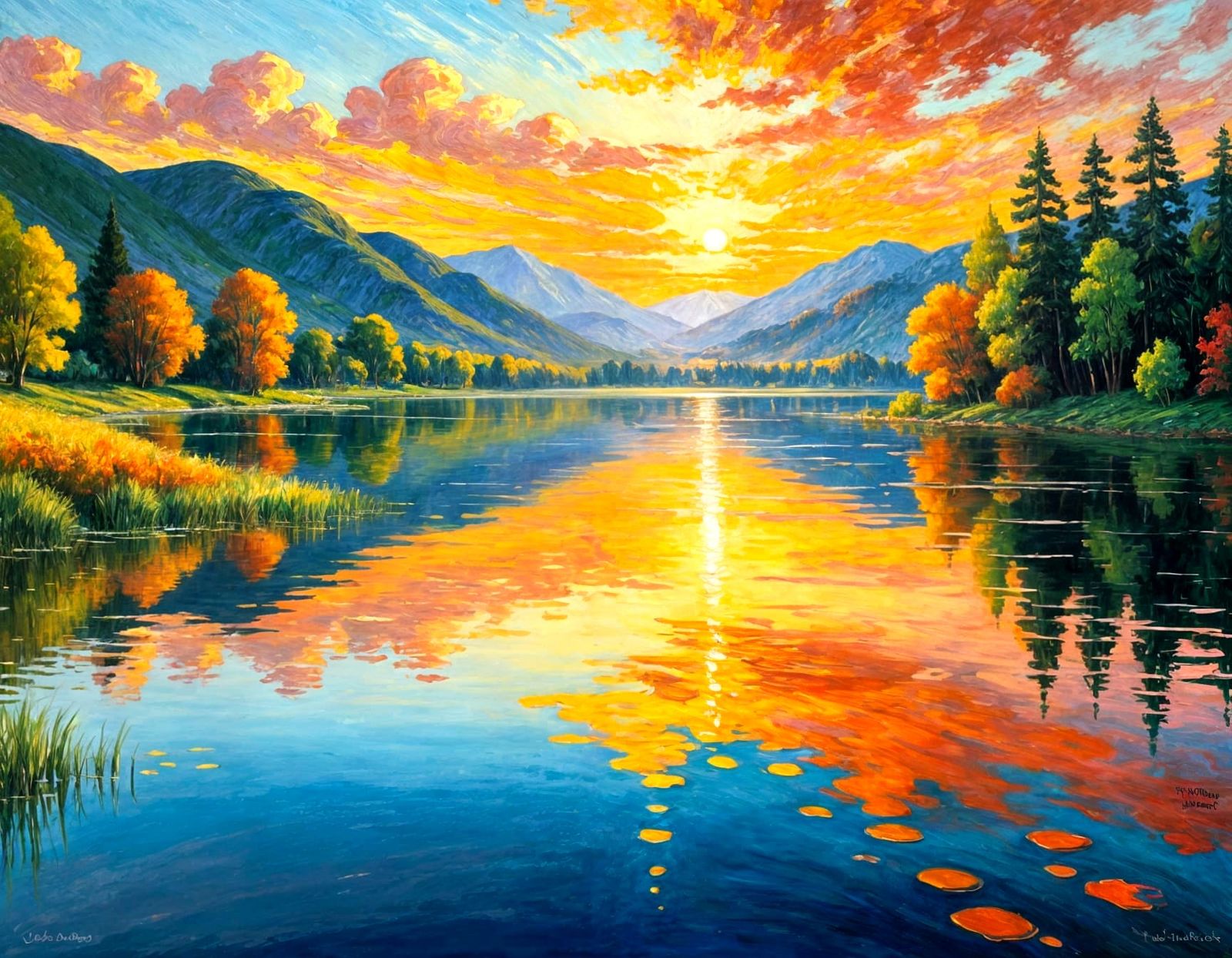 Vibrant Sunset Reflected in Serene Lake: Oil Painting
