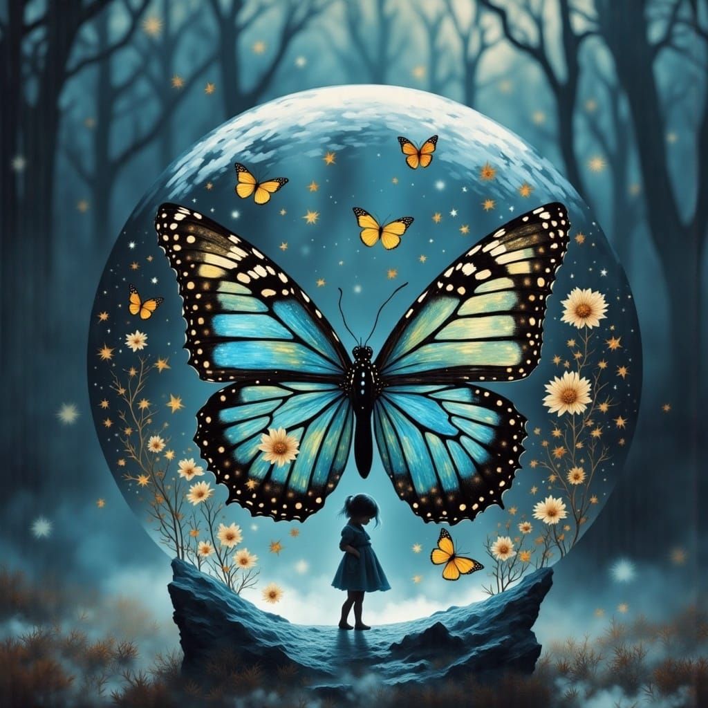 Whimsical Girl Surrounded by Emerging Butterflies in Dreamy,...