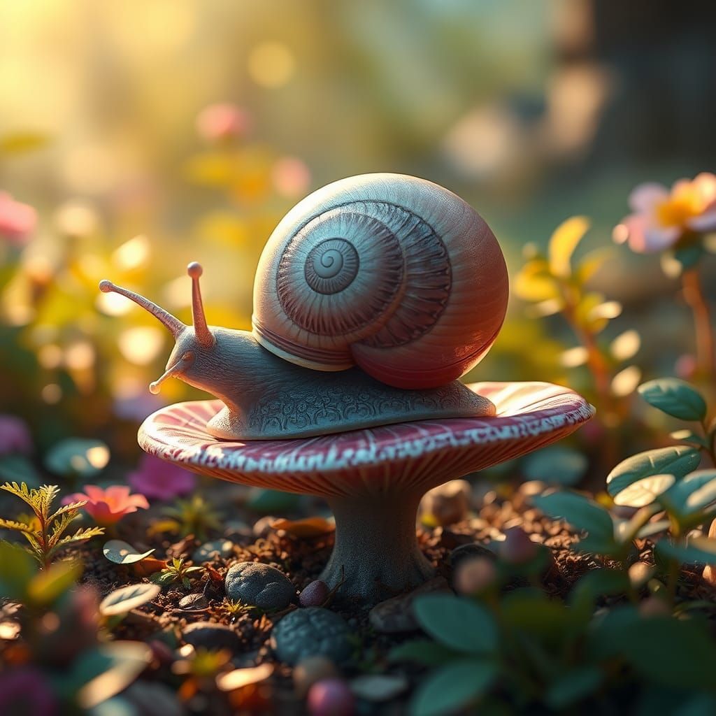 Majestic Snail on Mushroom in Fantasy Realm