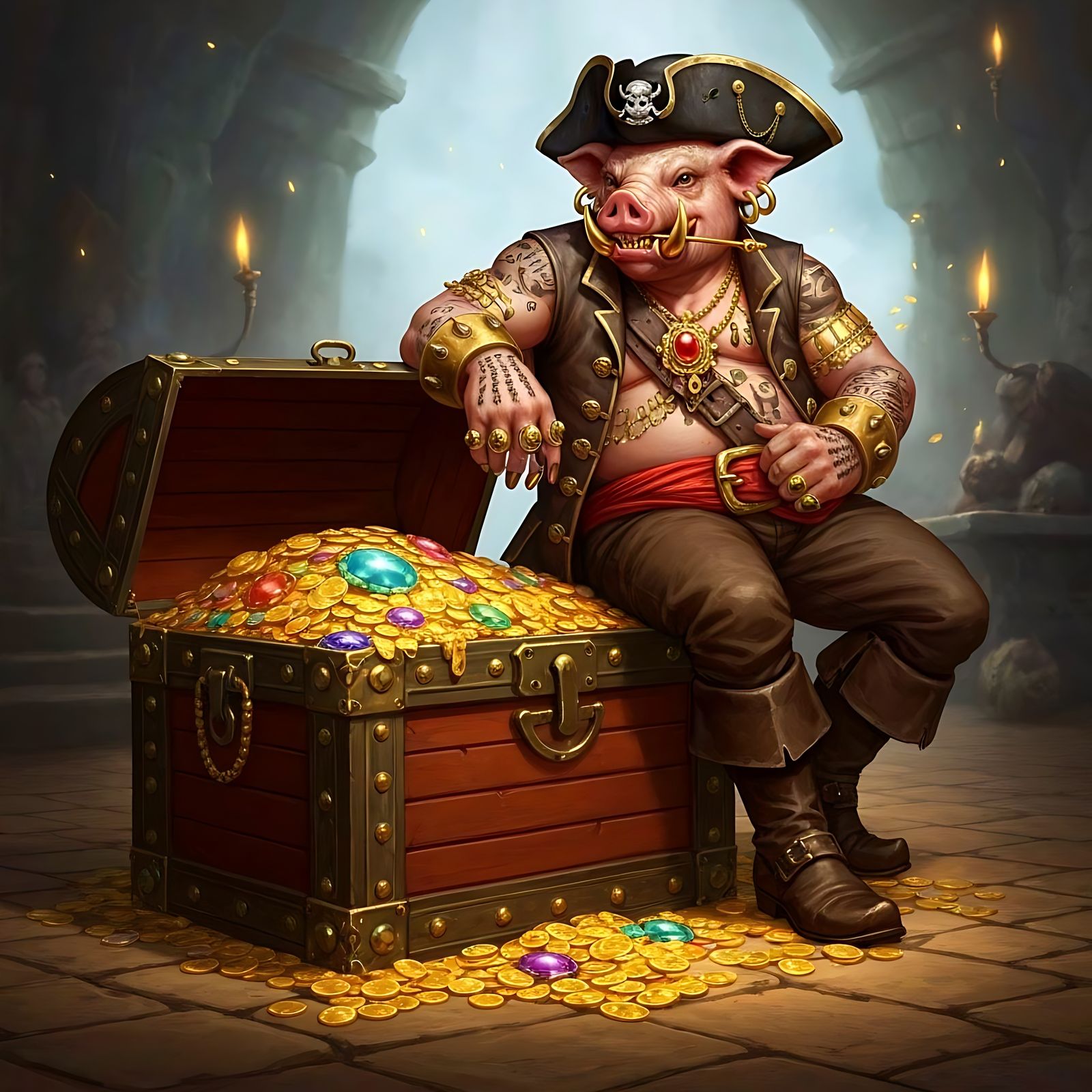 Pirate Pig Leaning on Treasure Chest, Rutkowski Style