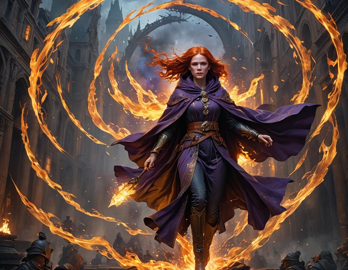 Fiery Redhead in Flight: Dark Fantasy Concept Art