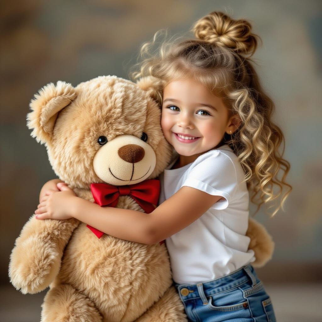 Joyful Girl Hugs Giant Teddy Bear