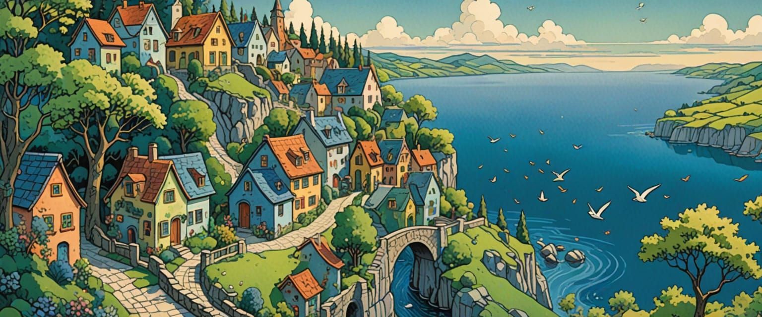 Spring Village by Lake in Naive Folk Art Style