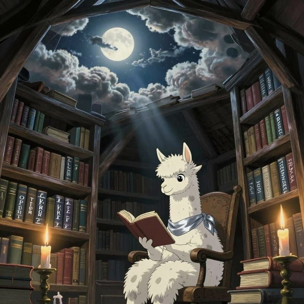 Ethereal Fantasy Library Scene with Llama Reading