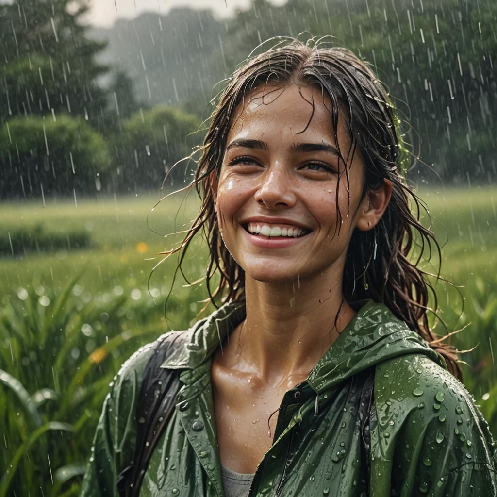Woman Walks in Rainy Field: Watercolor Concept Art
