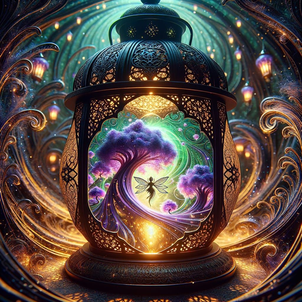 Ethereal Ramadan Lantern Illuminates Dreamlike Amethyst Fore...