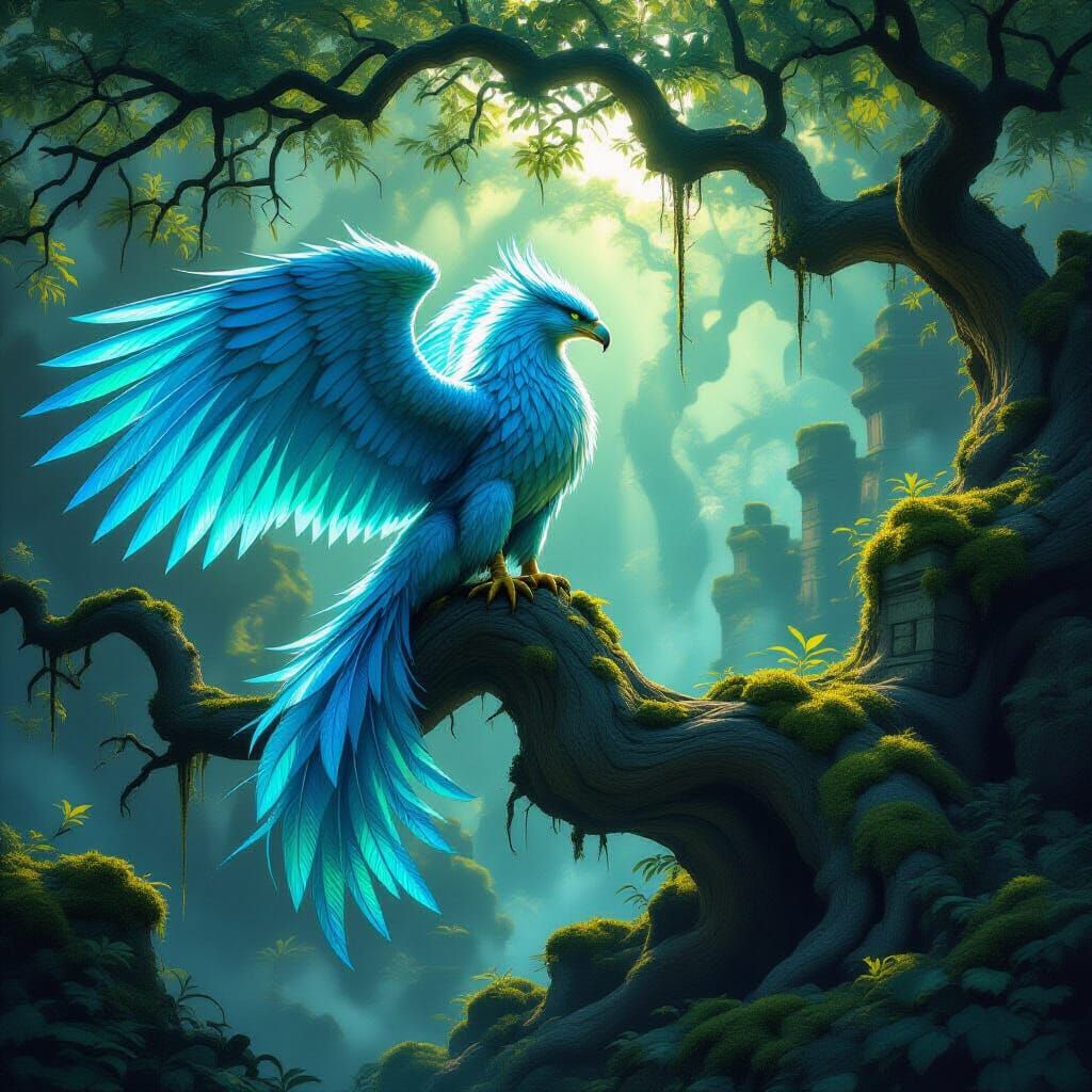 Iridescent Griffin in Enchanted Forest, Dark Fantasy Art