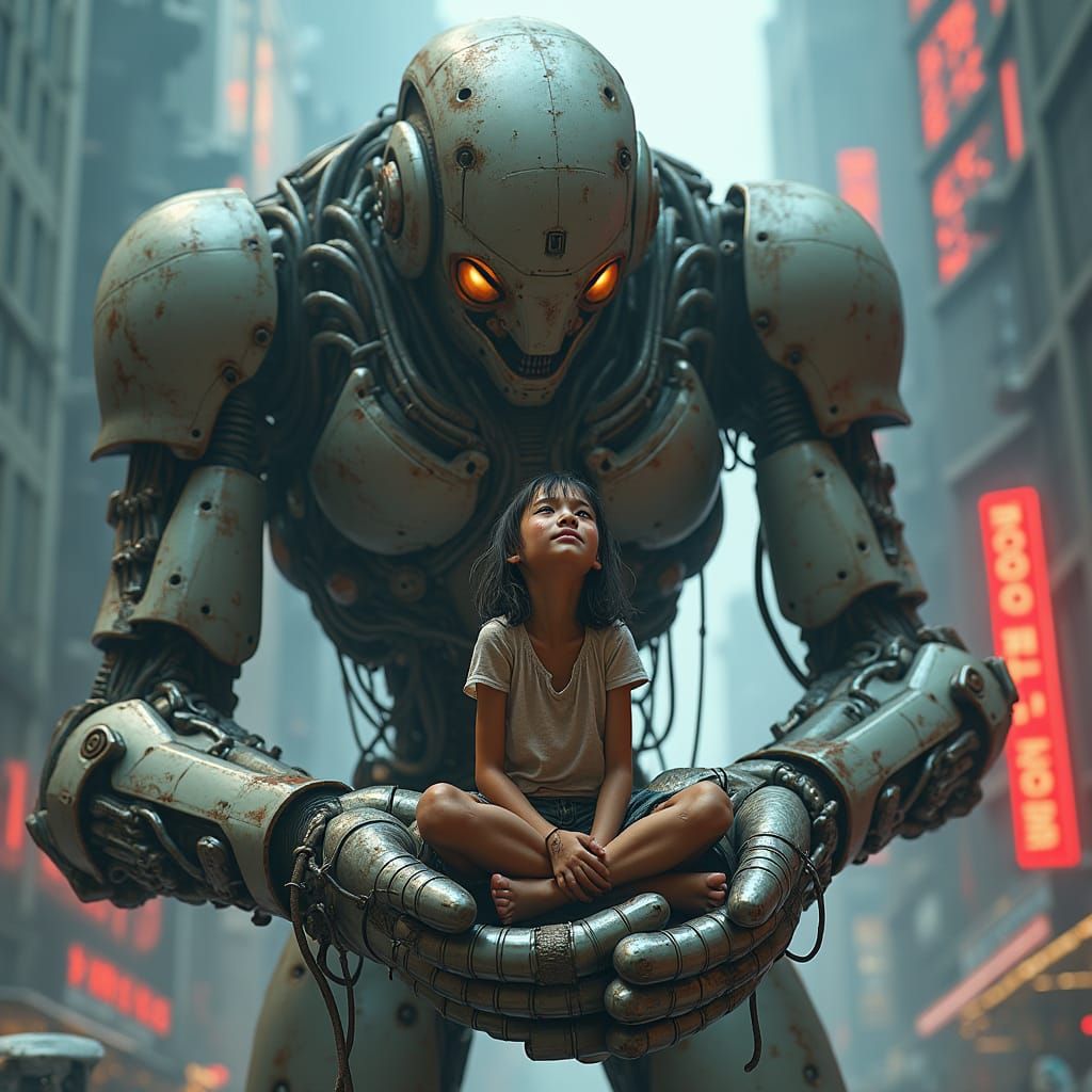 Cyber Mech Protects Crying Girl in Dystopian City
