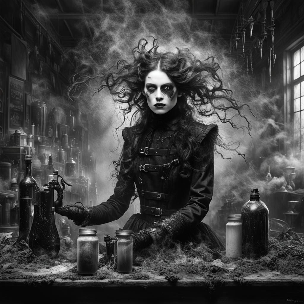 Gothic Model in Cyberpunk Horror Dreamscape