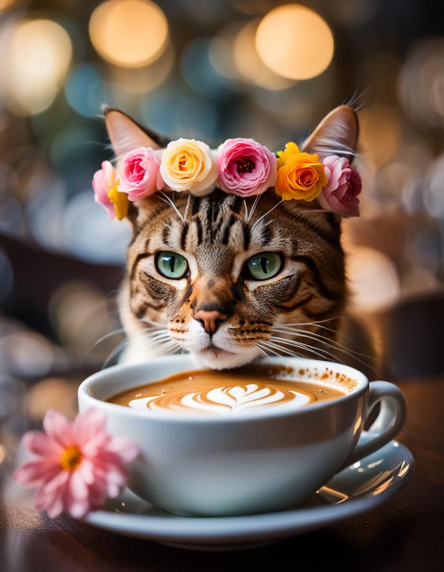 Latte Art Cat with Flower Crown, Oil Painting