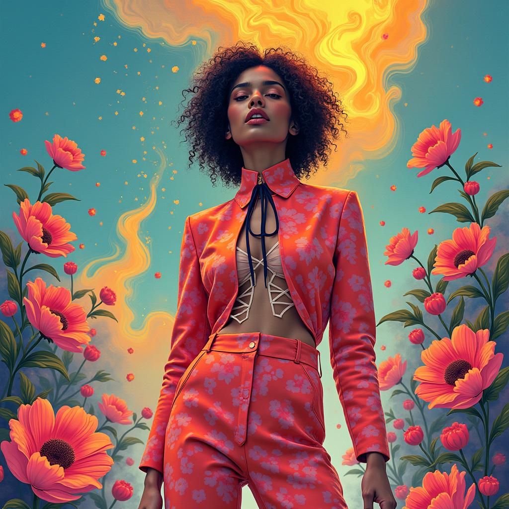 Model in Surreal Environment with Illustration Fashion