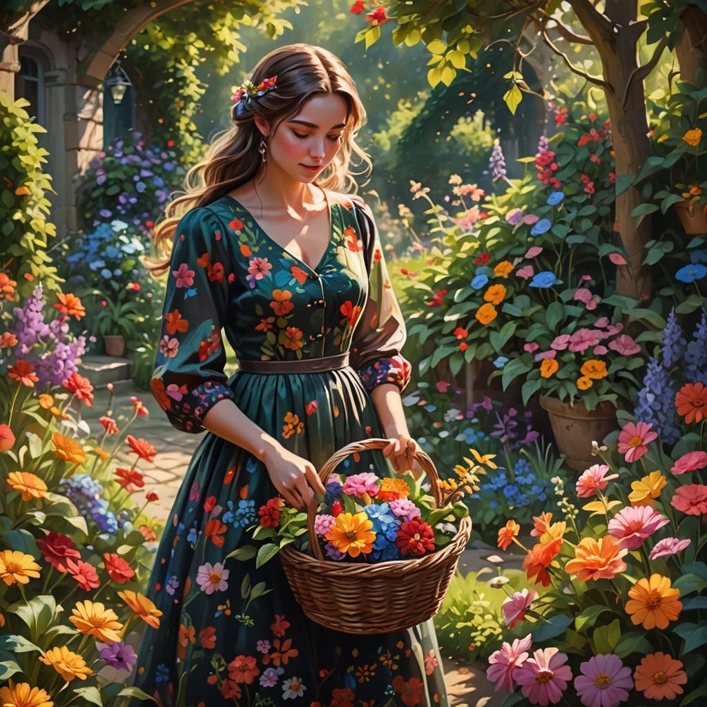 Woman in Floral Garden: Art Nouveau Oil Painting