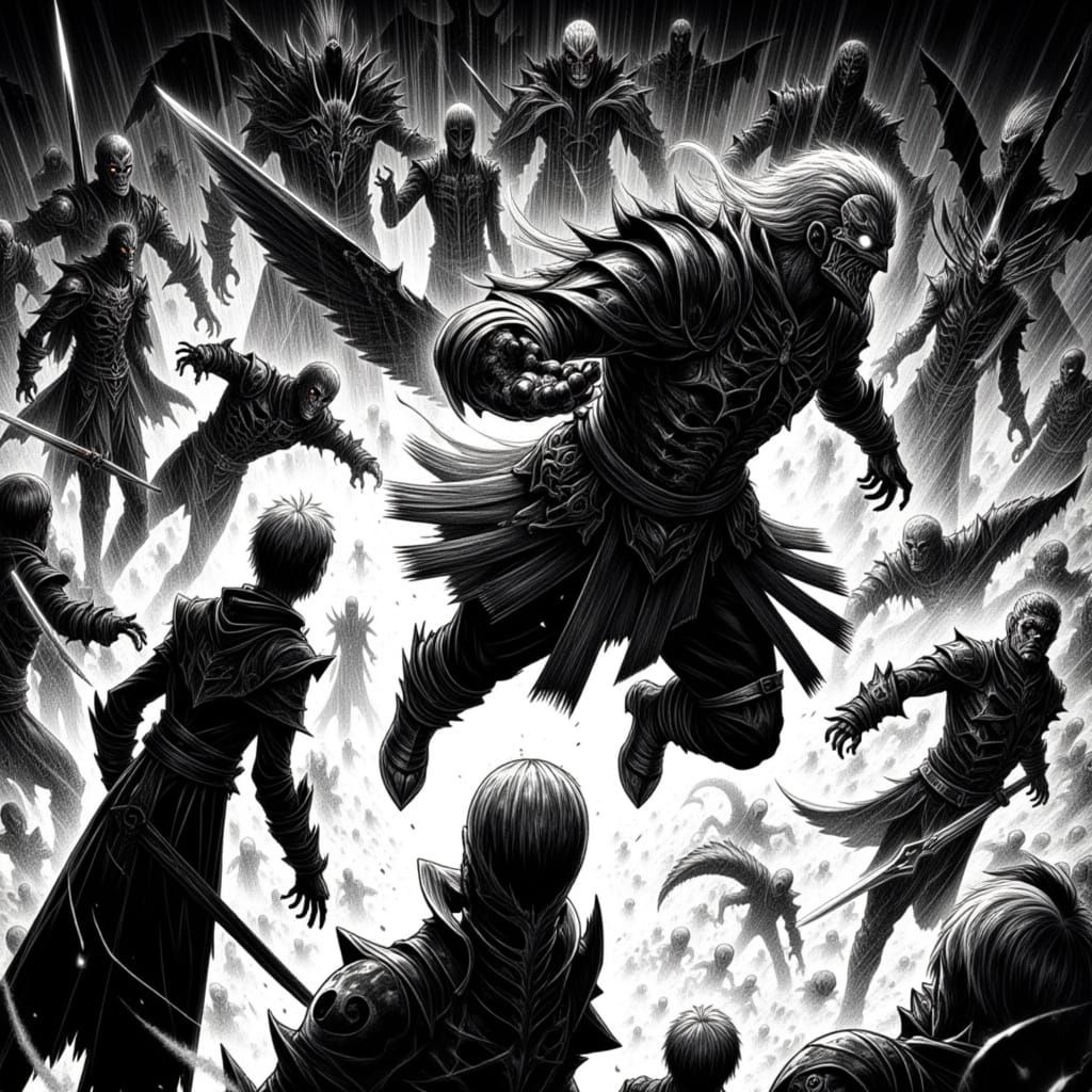 Hero Knight Battles Monsters in Manga Style