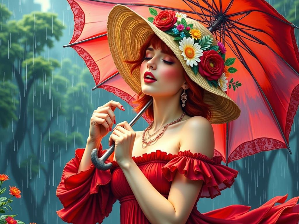 Woman in Red Dress Dancing in Summer Rain