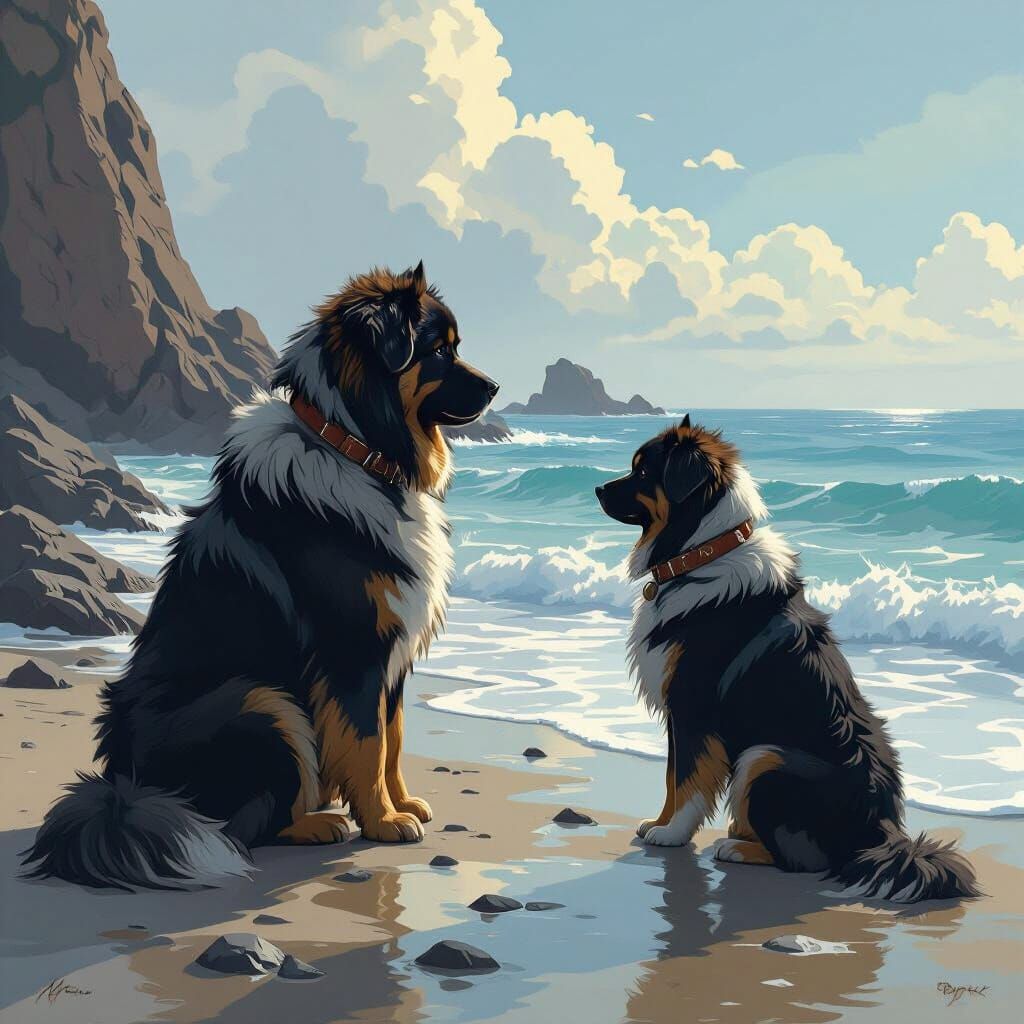 Tibetan Mastiff Gazes at Ocean Reflection on Shore