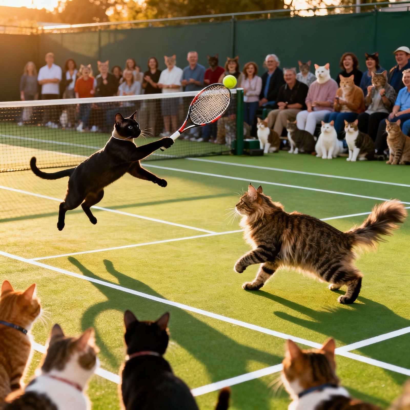 Adult cats in a tennis match on professional tennis court wi...