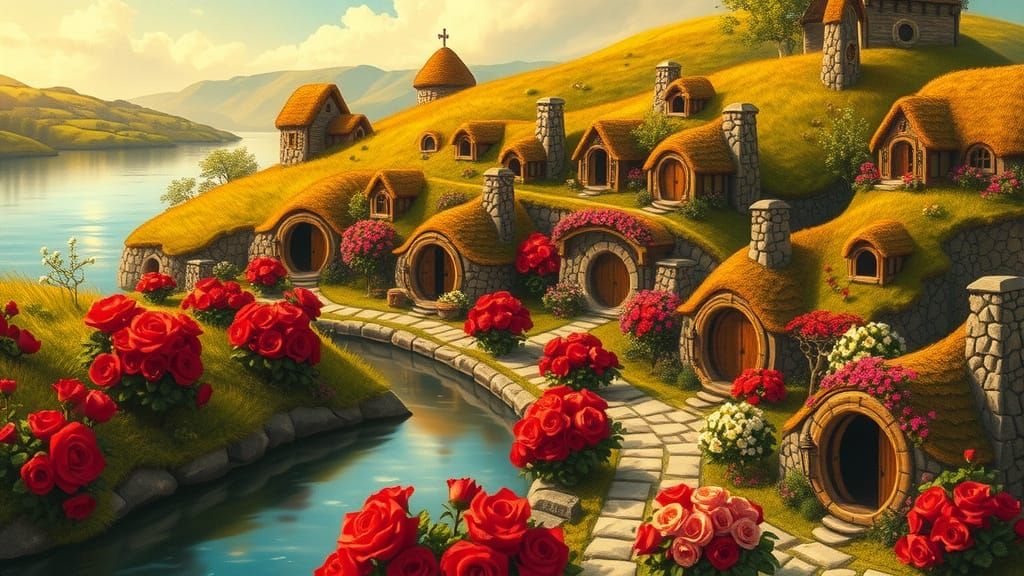Idyllic Hobbit Village on a Lake Shore