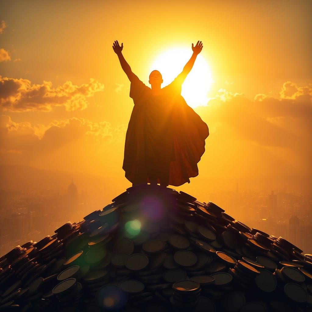 Victorious Figure Basks in Golden Glory Amidst Cityscape