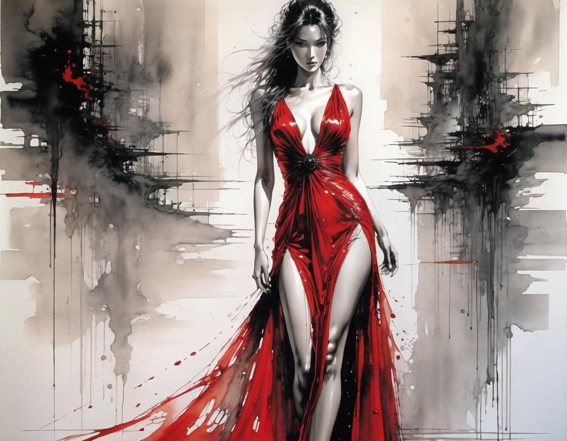 Woman in Red Dress, Ink Drawing Style