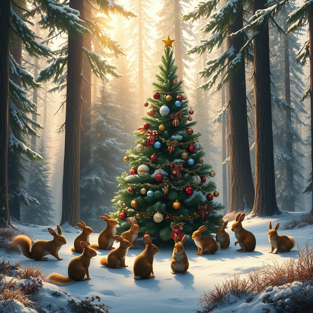 Surreal Winter Wonderland Scene of Squirrels and Hares Gathe...