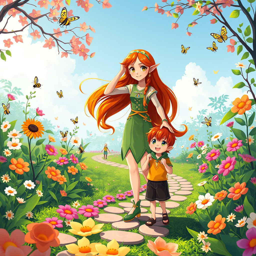 Joyful Spring-Elf with Kids in Manga-Inspired Style