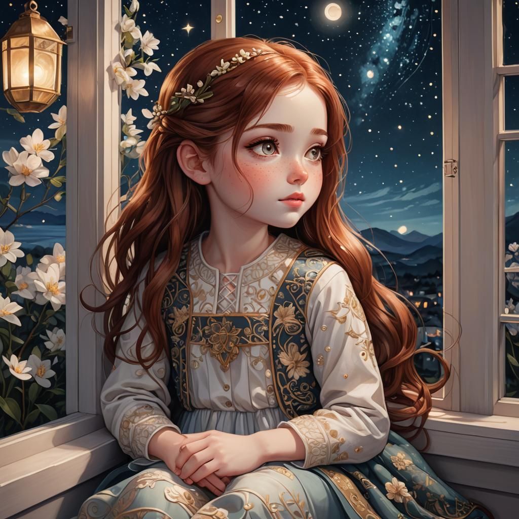 Dreaming Chibi Girl Gazing at Night Sky