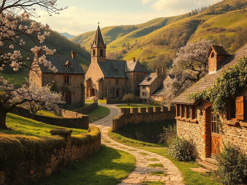 Medieval Village in Springtime, Rendered in Meticulous Matte...