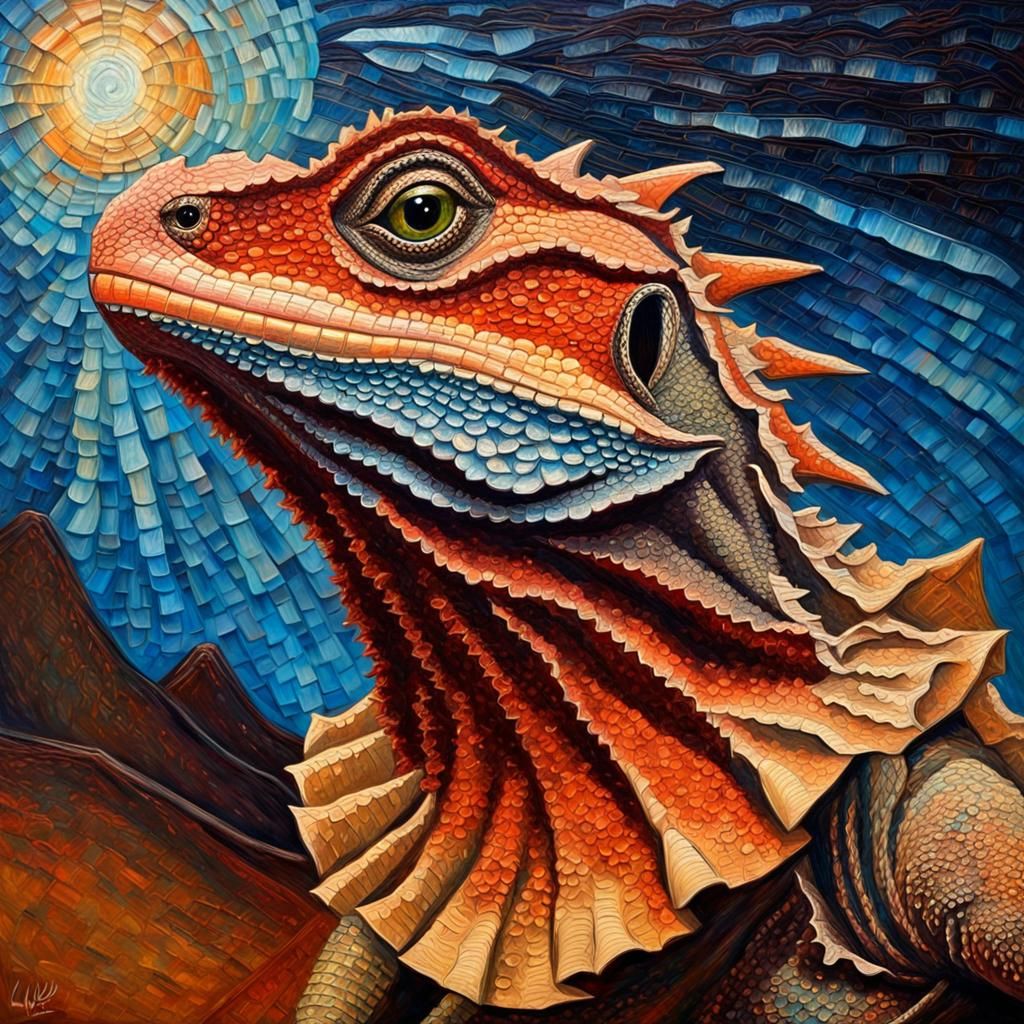 Frilled-Neck Lizard Portrait in Folk Art Impasto Style