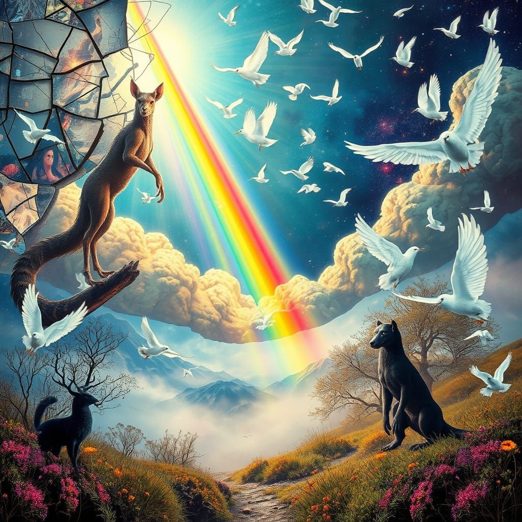 Surreal Prism Collage with Mythical Creatures