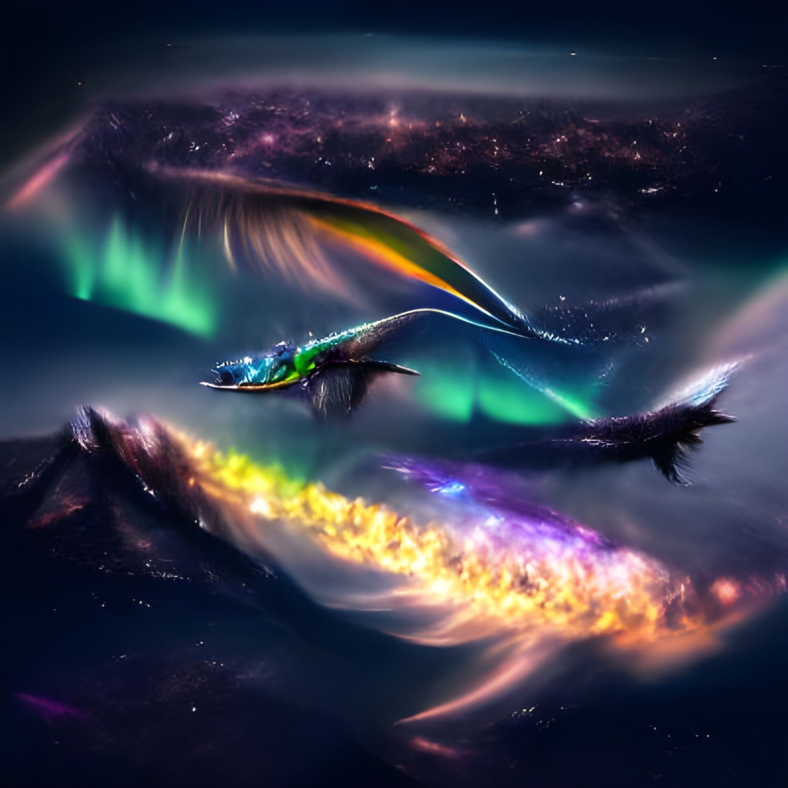 Iridescent Dragon Soaring Through Aurora Galaxy