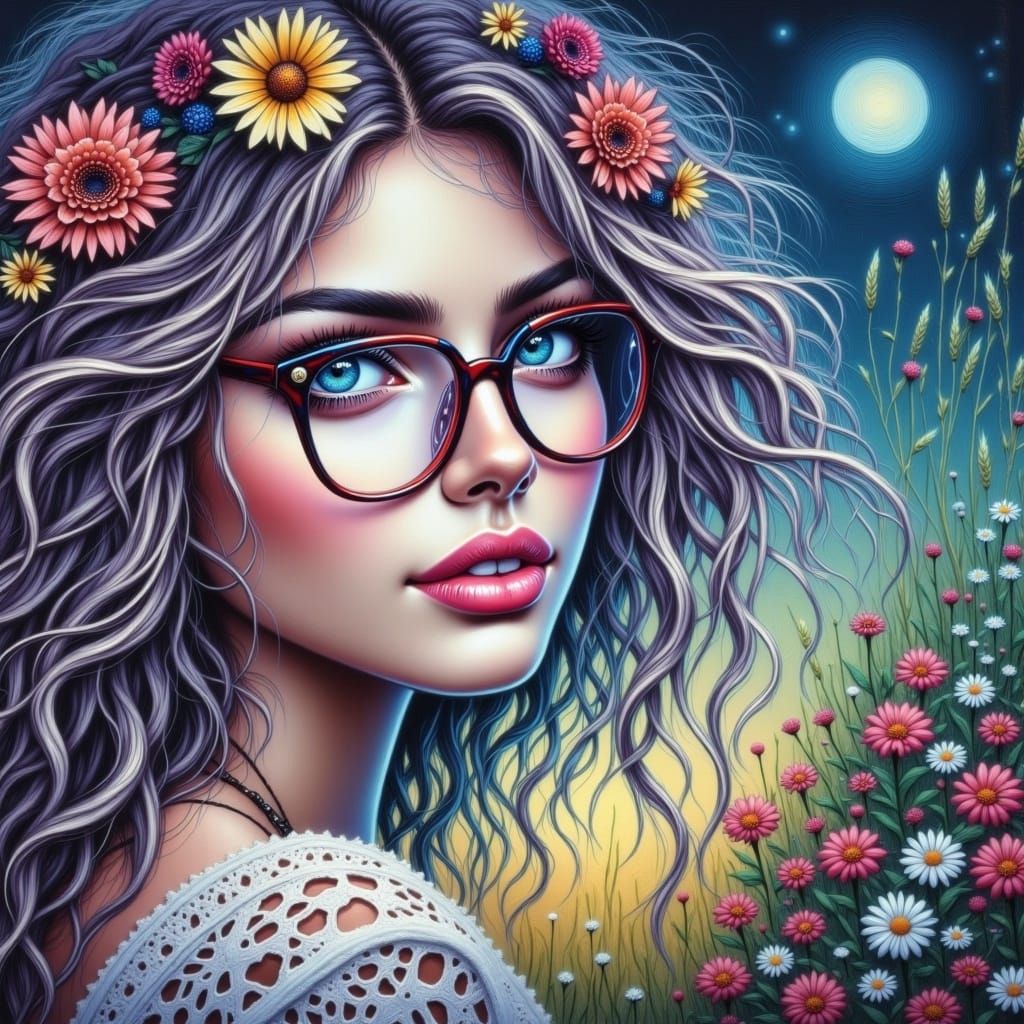 Gothic Dream Girl with Daisies and Full Moon