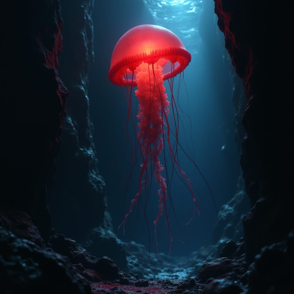 Deep-Sea Horror: Red Bioluminescent Jellyfish in Dark Fantas...