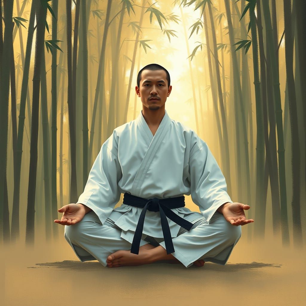 Martial Artist Meditating in Golden Bamboo Forest