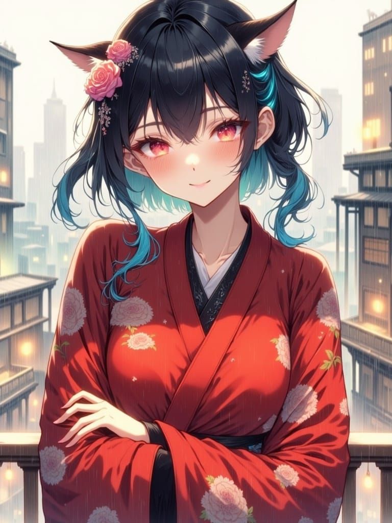 Anime Girl with Dragon Horns and Red Eyes in a Rainy Citysca...