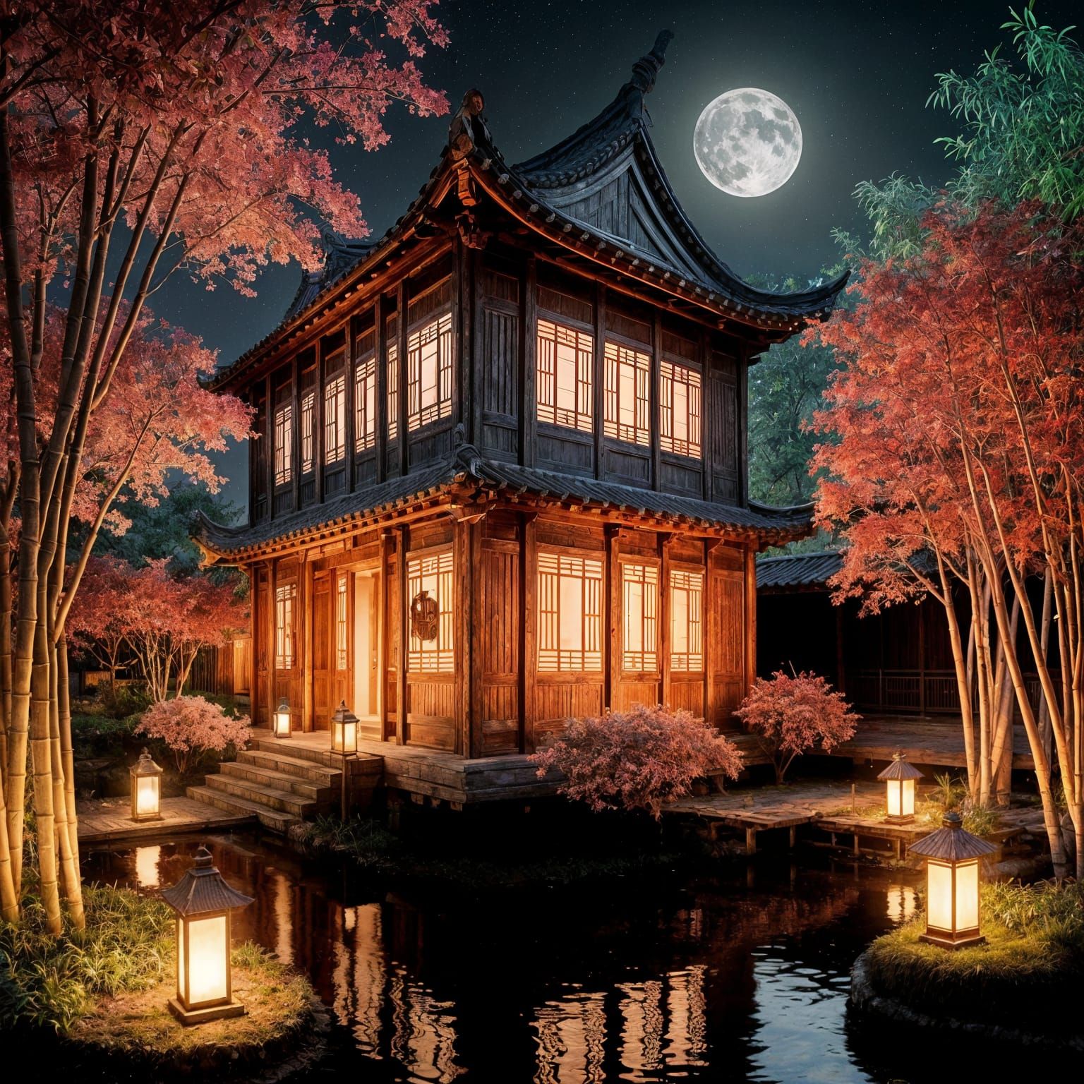 Ancient Chinese House in Moonlight Garden