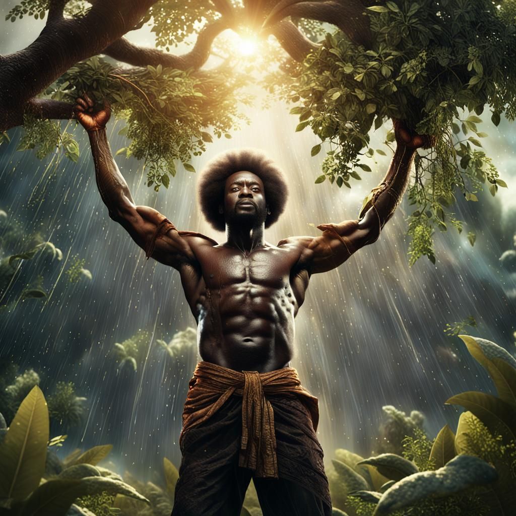 Afrofuturist Image of Man Lifting Flourishing Tree